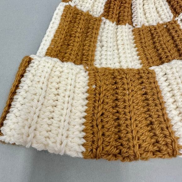 Handmade knit colorblock ivory and golden mustard checkered  stocking hat beanie main image 11